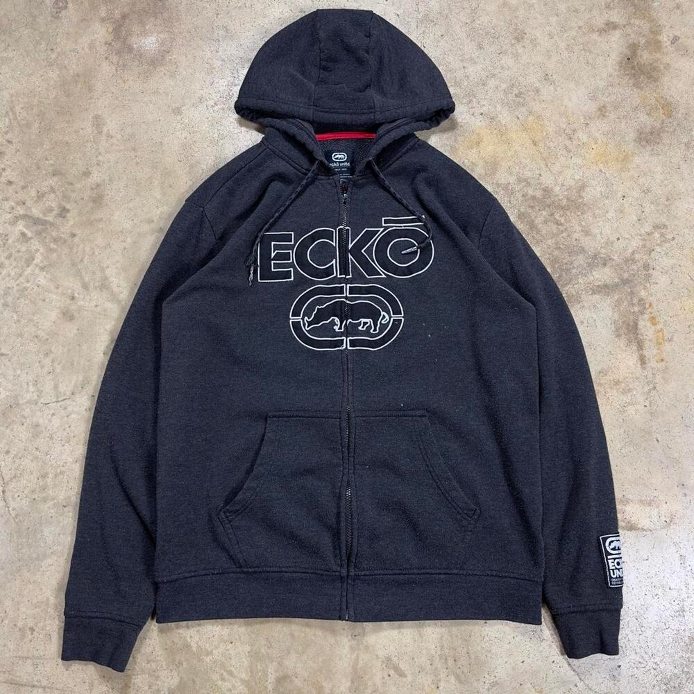 Y2K Ecko Embroidered Zip-Up Black Streetwear Hoodie